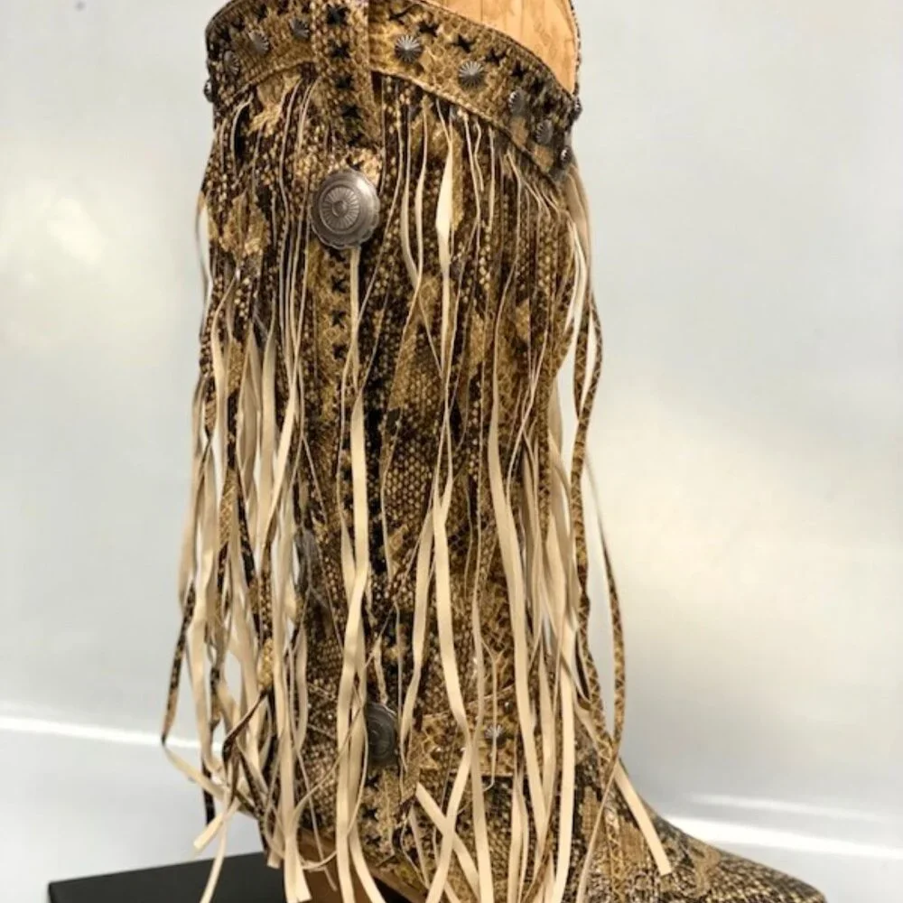 Brown Snake Fringed Cowboy Boots by L&B - Picture 4 of 6